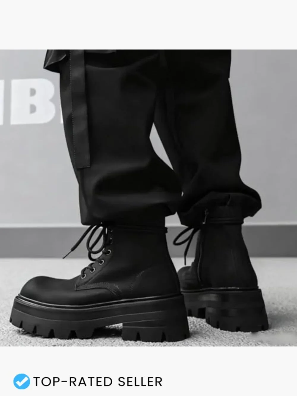 Black Leather Lace-Up Platform Combat Boots Chunky Heel Lug Sole Side Zipper